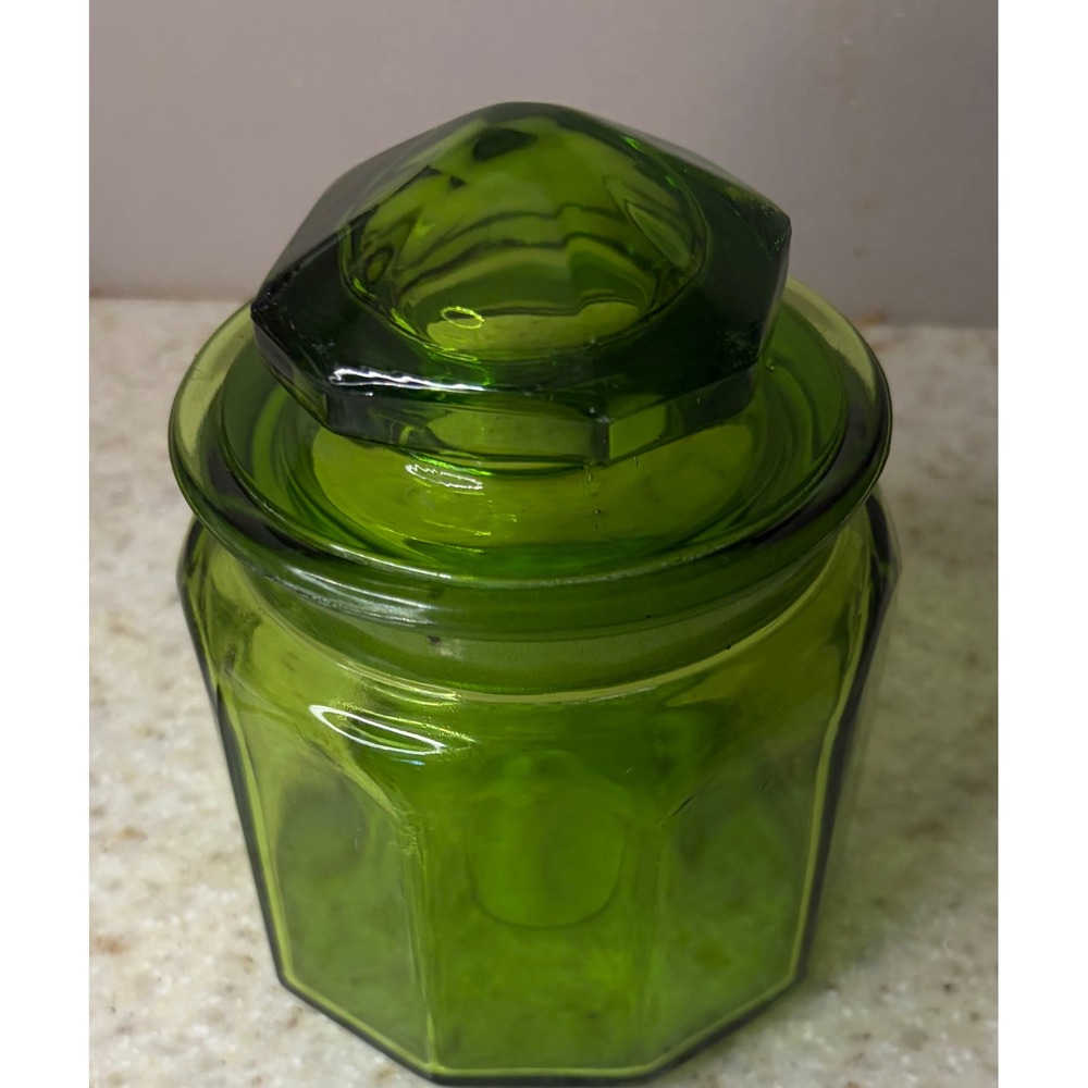 Vintage Green Glass Decagon Canister Jar with Faceted Lid 4.5" Small Apothecary